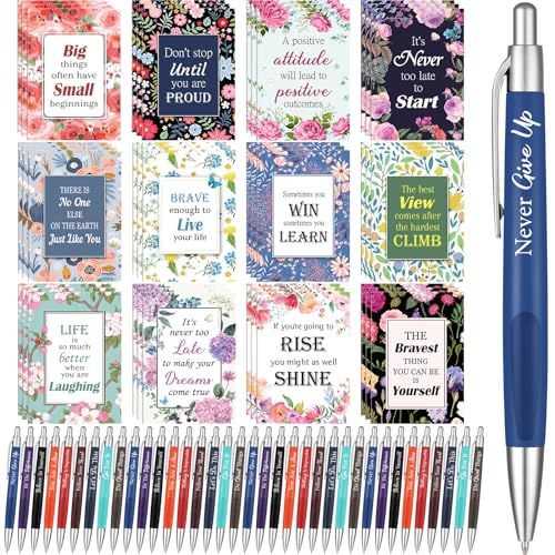 Yeaqee 72 Pcs Motivational Pens Notepads Gifts Set Inspirational Quote Pen Ballpoint Pen Small Notebook Mini Journal Bulk Gifts for Teacher Coworker Gifts Women Office School(Inspiring)