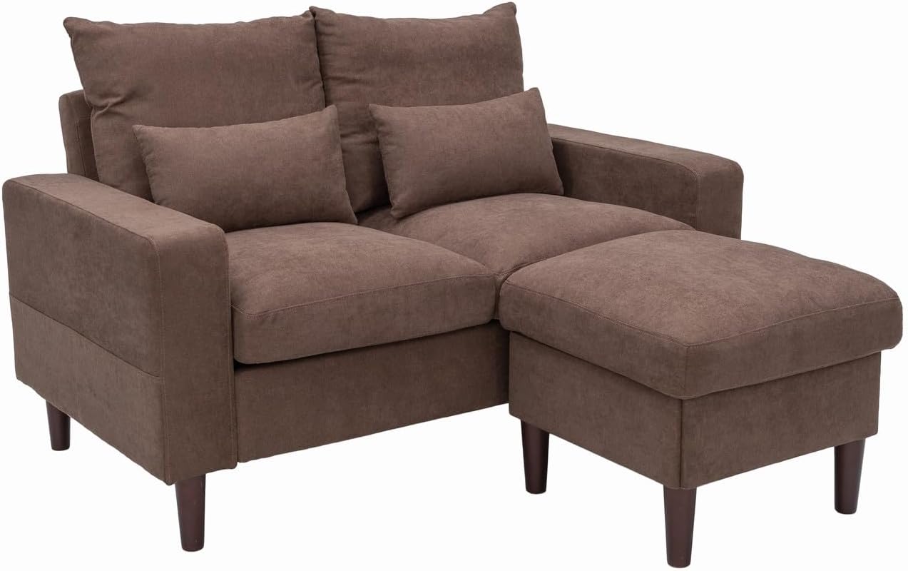 Panana 2 Seater Loveseat Sectional Sofa Couch for Apartment Sectional Set with Convertible Ottoman Footstool (Brown, 2 Seater with Ottoman Stool)