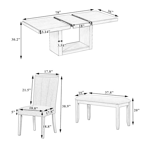 RUNNA 6-Piece Extendable Pedestal Dining Table Set with 18inch Removable Leaf and Dining Bench, 4 Upholstered Dining Chairs, Kitchen Table Set for Family (Natural+Beige/R)