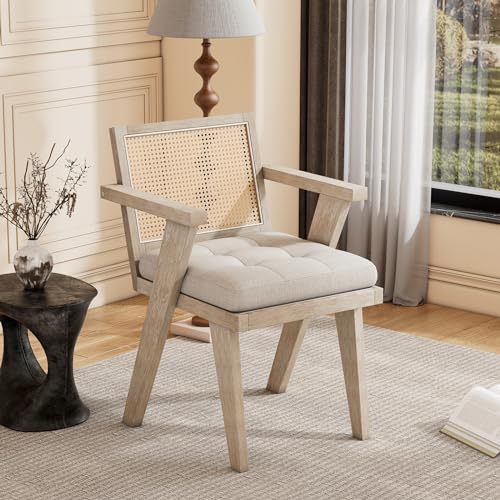 Mid Century Modern Accent Chair, Wooden Arm Chairs with Handcrafted Rattan Backrest and Padded Seat, Boho Wicker Chairs for Living Room, Leisure, Reading Side Chair for Bedroom, Study, Office, Natural