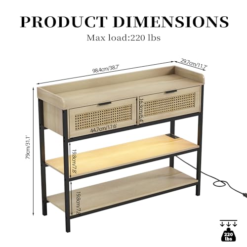 Entryway Table with Drawers, Console Table with Outlets and USB Ports Sofa Tables Narrow Long with Storage Shelves & LED Lights for Living Room Hallway Foyer Kitchen, Black