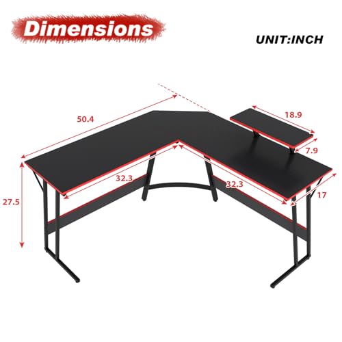 Gaming Desk L Shape, L Shape Desk, Corner Gaming Desk, Black Desk with Large Monitor Riser Stand for Home Office Sturdy Writing Work Desk, 50 Inch (Black)