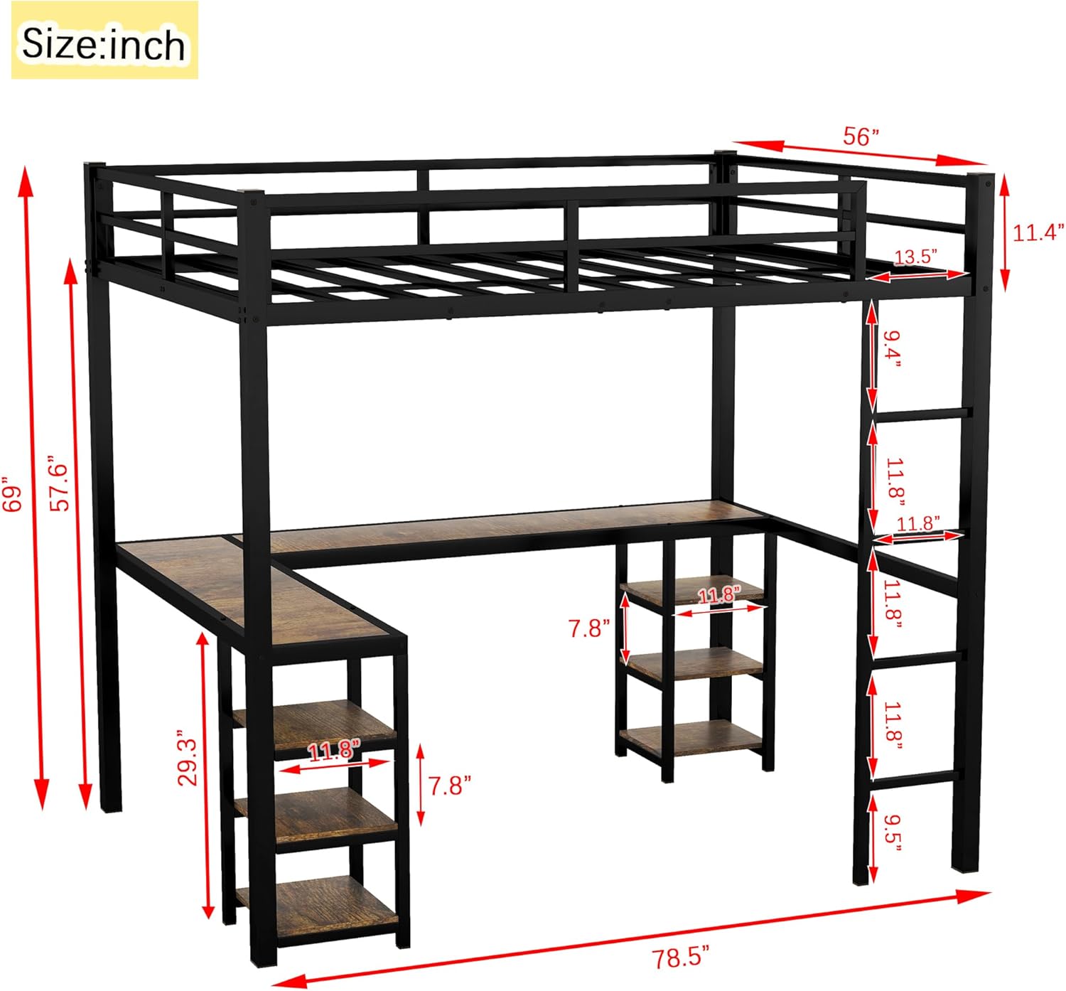 Full Size Loft Bed with Desk, Metal Loft Bed Full with L-Shape Desk and 6 Shelves, Space Saving Full Loft Bed with Desk Underneath for Kids,Teens,Girls,Boys,Black