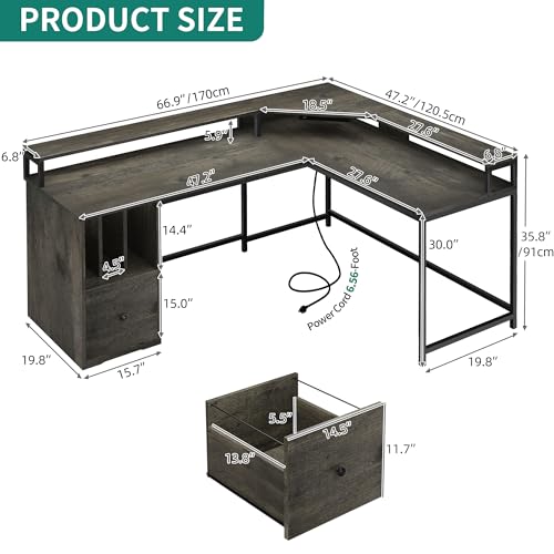 YITAHOME L Shaped Desk with File Drawer & 3 Cubbies Storage Shelves, 67