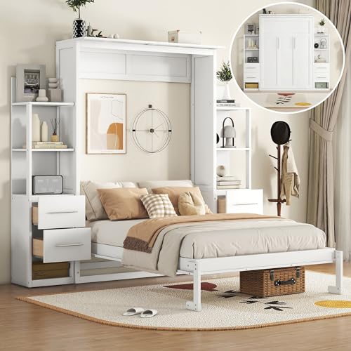 Full Size Murphy Bed Convertible Folding Cabinet, Space-Saving Wall Bed with Shelves, 4 Drawers and LED Lights for Guest Room and Home Office, White