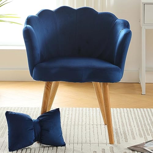 Modern Velvet Accent Chair,Shell Shape Upholstered Armchair with Wood Legs,Comfy Reading Chair for Bedroom,Living Room,Makeup Room,Bowknot Pillow (Blue)