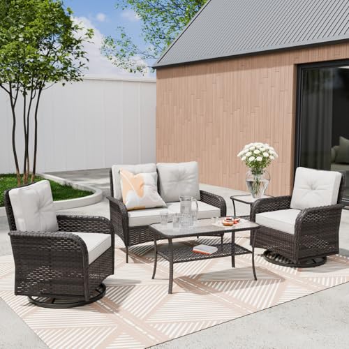 COOS BAY 3-Piece Outdoor Wicker Swivel Rocker Chair Bistro Set - 2 PE Rattan Swivel Rocking Chairs with Side Table for Patio, Lawn, Deck, Backyard
