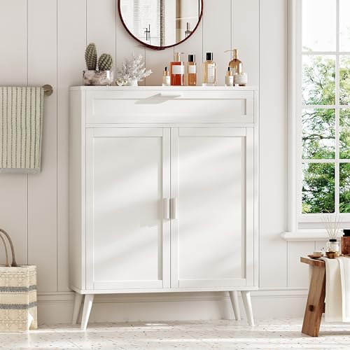 Rovaurx Accent Floor Storage Cabinet with 2 Doors, Bathroom Cabinet with Large Drawer, Floor Cabinet Organizer, Black BMGZ107H