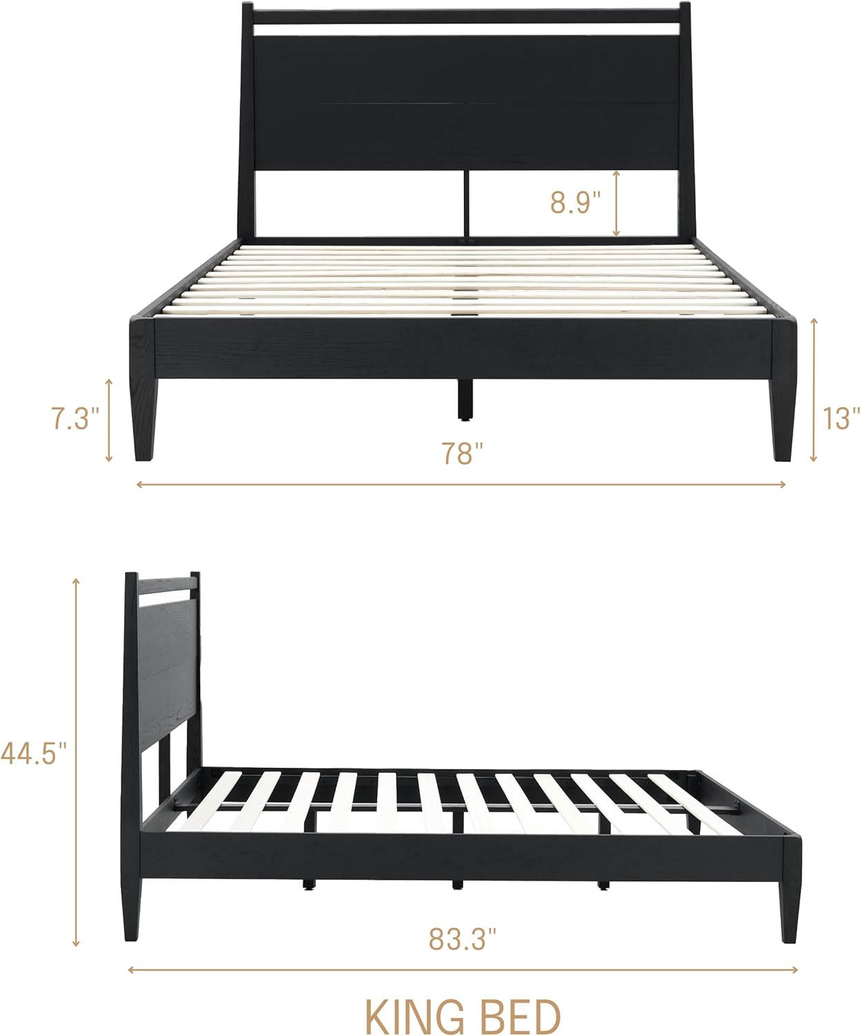 NTC Bundle Adept King Solid Wood Bed Frame with Headboard and Zoe Solid Oak Wood Nightstand - Burnt Black