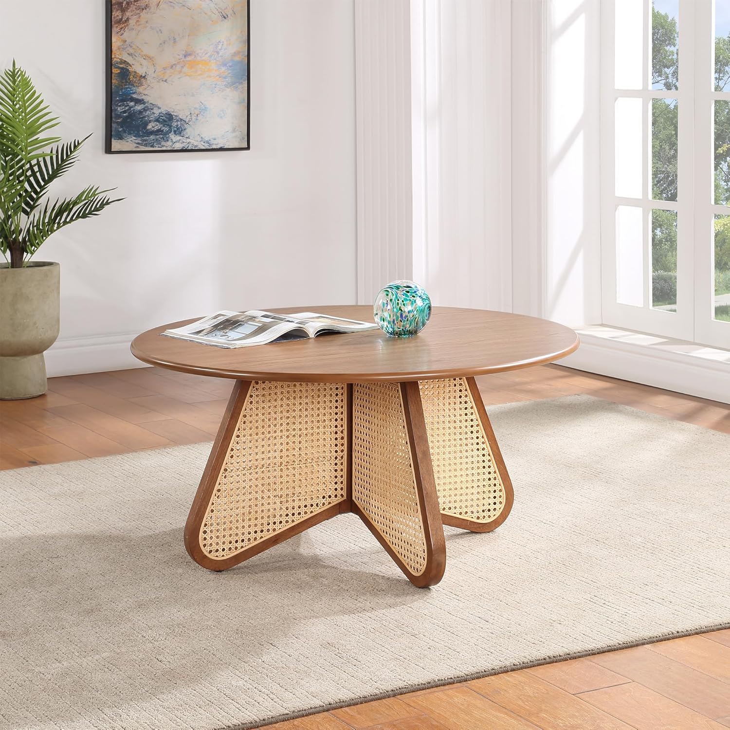 Best Master Furniture Linh Mid-Century Modern Walnut and Rattan Round Coffee Table