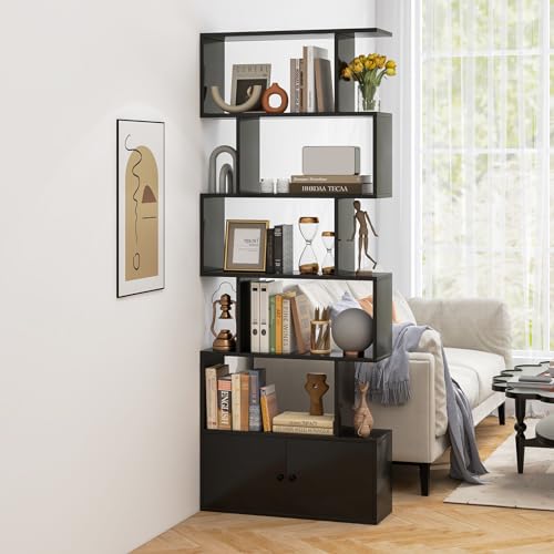 6-Tier Geometric Bookcase with Cabinet, 72 Inch Freestanding Room Divider Bookshelf, S-Shaped Open Display Book Shelf for Bedroom, Modern Bookcases with Doors and Shelves (1, Black)