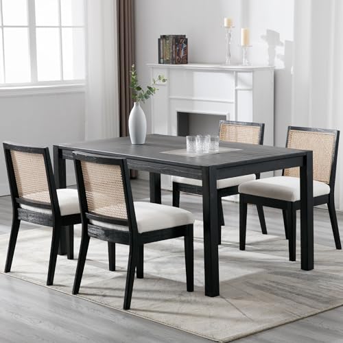 VESCASA Upholstered Dining Chairs with Square Rattan Back, Armless Padded Sherpa Fleece Cushion Dining Chairs with Wood Legs for Dining Room, Kitchen, Set of 4, Black Frame