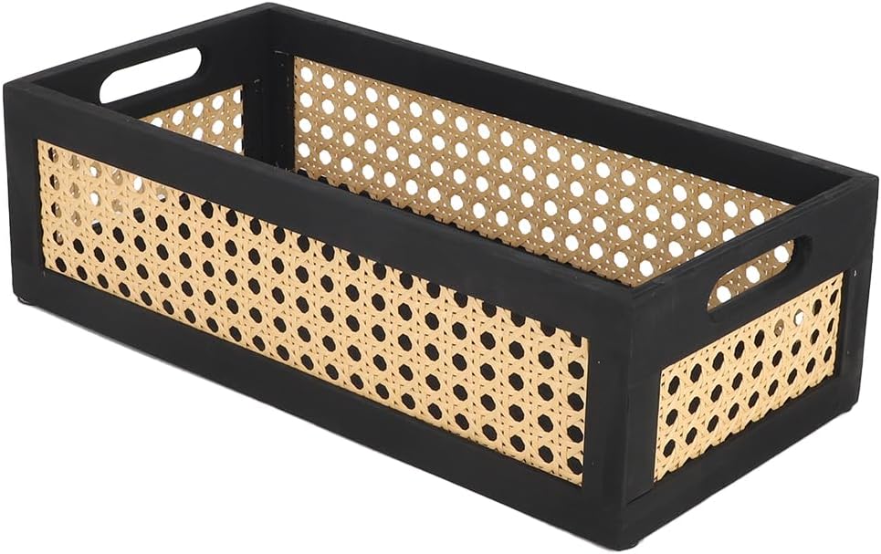 Wood Storage Basket, Small Rattan Storage Box with Handles for Bathroom Kithen Office Desk