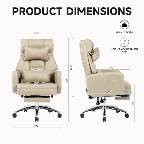 Ergonomic Office Chair, Swivel Computer Desk Chair, Leather Reclining Big and Tall Task Chair with Lumbar Support Pillow, Adjustable Headrest, Retractable Footrest (Beige)