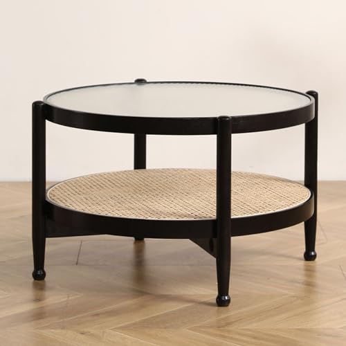 Wood Round Coffee Table with Rattan Storage Shelf, 2-Tier Boho Mid Century Modern Glass Top Snack Tea Table Cocktail Table, Sofa Table for Living Room Bedroom (Color : Walnut, Size : 70x70x45cm)