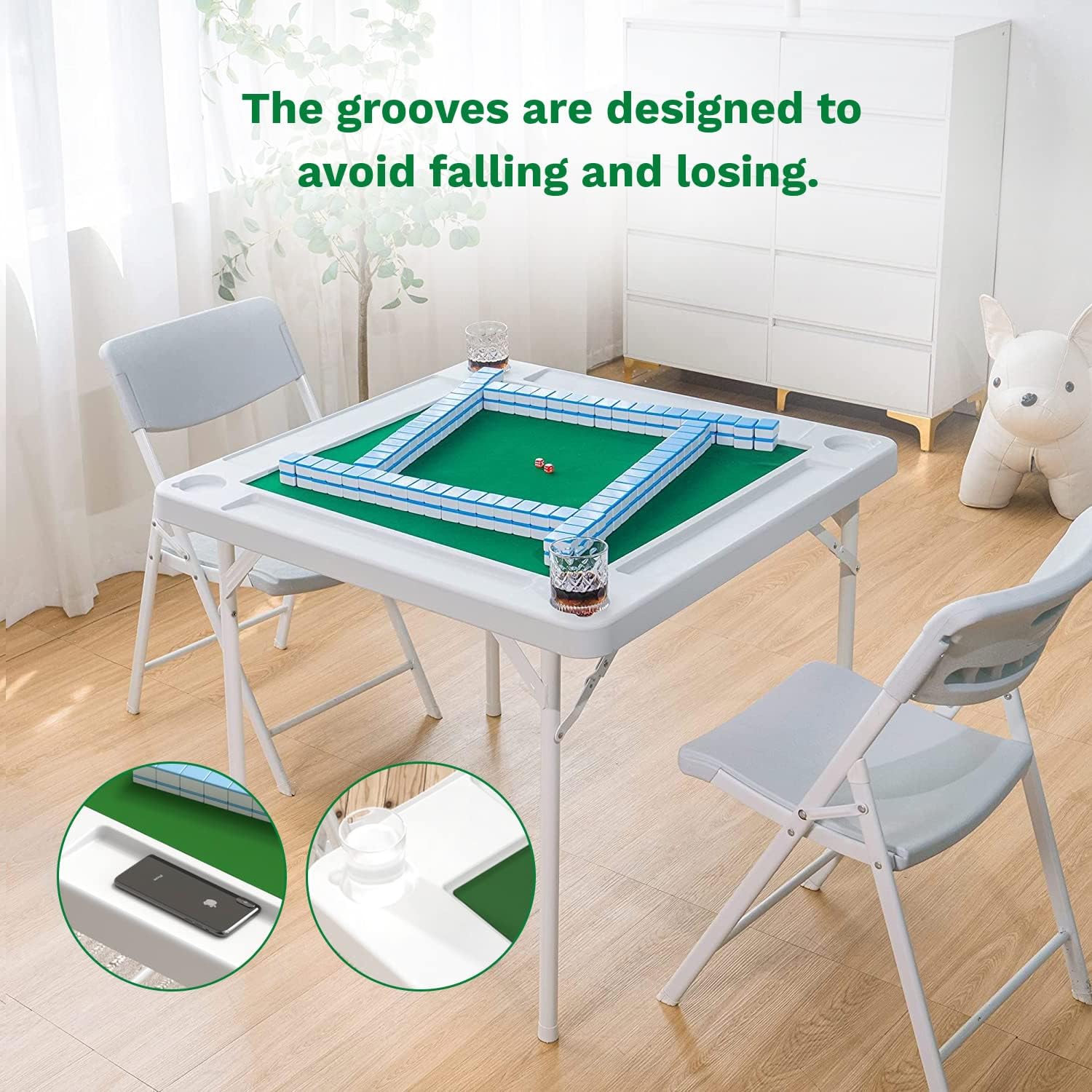 40.2’’ Mahjong Table - Square 4-Player Mahjong Table Foldable with Cup Holders and Trays, Update and Widen Folding Card Game Table with Green Cover Mat for Poker Domino Puzzle