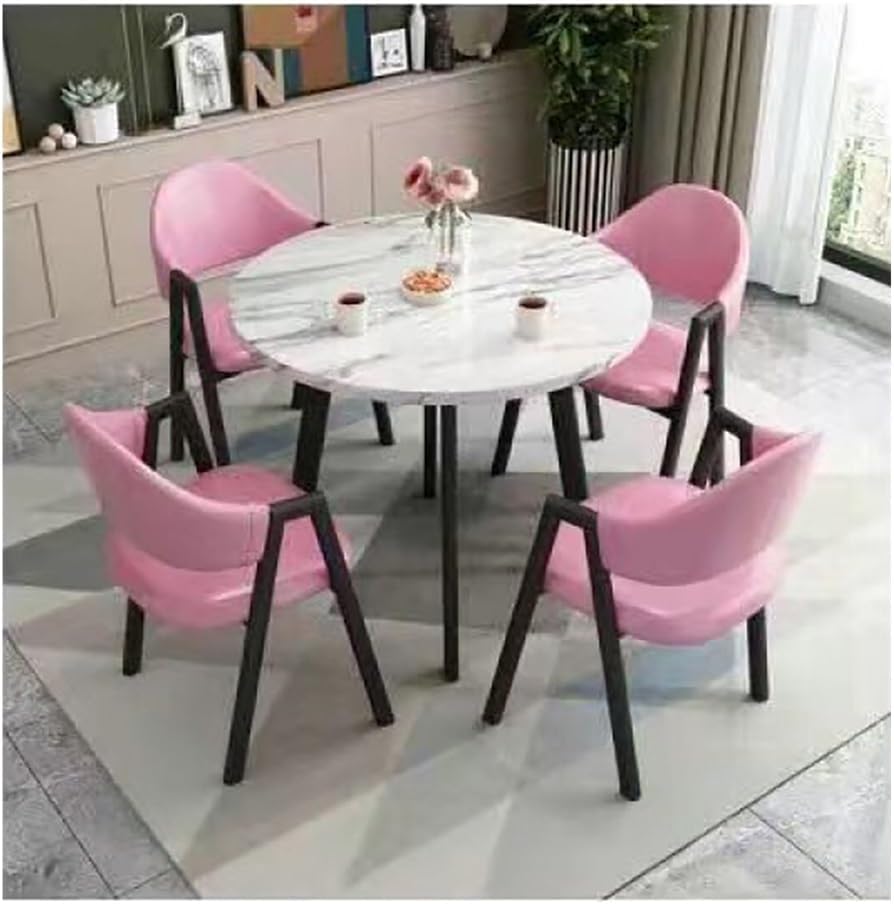 Round Dining Table Set for 4, Faux Marble Modern Kitchen Table and Chairs Set Modern Casual Coffee Table Set Meeting Spaces(White,Pink)