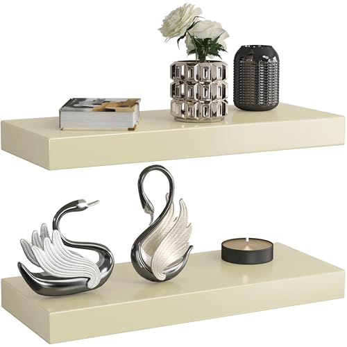 Premium Black Glossy Finish Floating Shelves for Wall, 17'', Bright Solid Wood Floating Shelves, Sleek Wall Shelf Set with Strong Hidden Brackets for Contemporary Home Decor, Heavy Duty, Set of 2