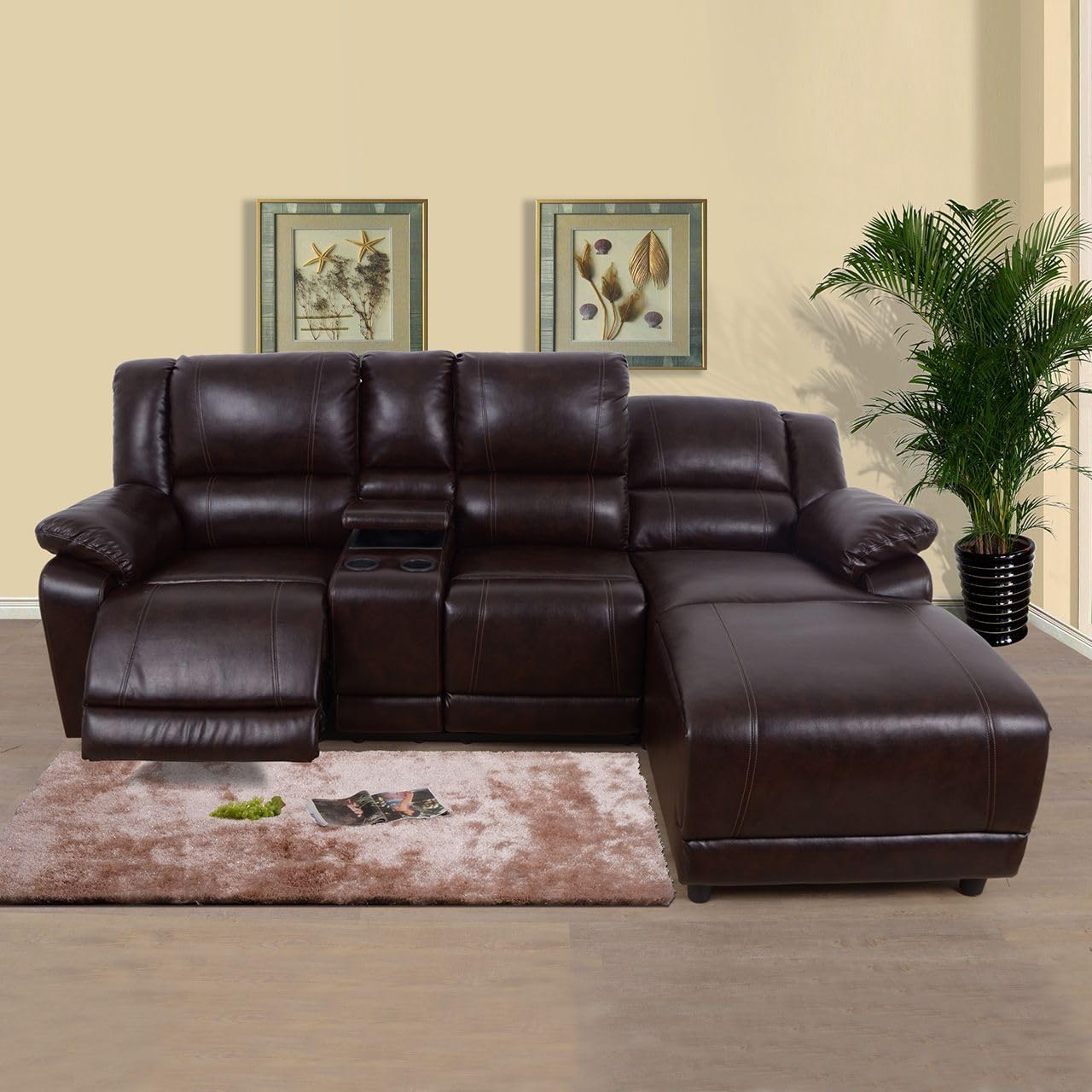 2-Piece Living Room Furniture Sets Reclining Sofa L-Shaped Faux Synthetic Leather Couches with Loveseat Chaise and Cup Console, 98
