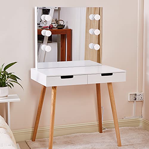 Vanity Desk, Small Makeup Vanity Table Desk with Mirror Led Lights 2 Drawers, Girls Dressing Table, Wooden Vanities for Bedroom Living Room Furniture Women (B)