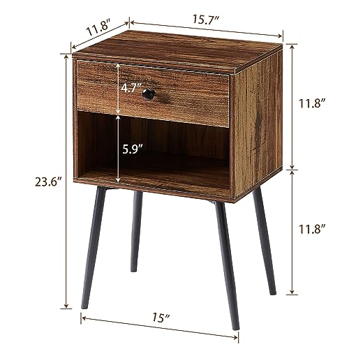 VECELO Nightstands Set of 2 Industrial 2-Tier Night Stand/Side Drawer, Wood Mid Century End Tables for Small Places, Bedrooms, Living Room, Home, farmhouse, Gray