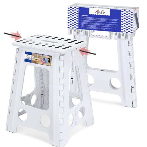 ACKO Folding Step Stool Foldable 17.5 Inch Stool 400 lbs Capacity,Plastic Stools for Adults and Kids,Collapsible Stool for Kitchen, Stepping Stool with Handle(Black)