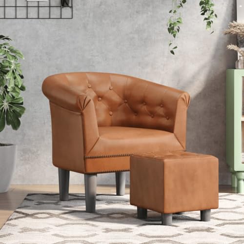 Tub Chair with Footstool Brown Faux Leather,Elegant ButtonTufted Tub Chair with Footstool for Comfort and Style Living Room Armchairs, Recliners & Sleeper Chairs