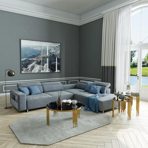 2 Piece Living Room Table Set, Black Tempered Glass Living Room Table Set with Coffee Table and 2-in-1 Nesting End Table, Gold Polished Round Coffee Table Set for Living Room