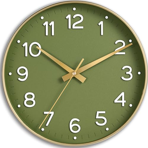 Wall Clock Green- 12 Inch Silent Wall Clocks Battery Operated- Modern Non Ticking Analog Clock Decorative for Living Room Bedroom Office Kitchen(Gold)