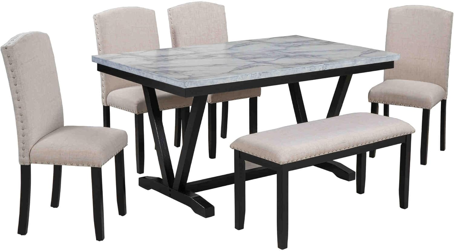 Elegant 6-Piece Dining Table Set with 4 Padded Chairs and 1 Bench - Faux Marble Tabletop, Solid Wood Base - High-End Luxury Style for Kitchen and Dining Room