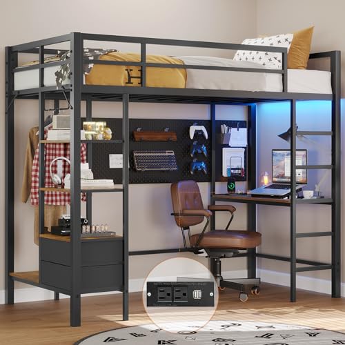 DICTAC Twin Size Loft Bed with Desk and Led Lights Junior Loft Bed with Charging Station & Storage Shelves and Drawers Twin Metal Bed with Clothes Rail,Safety Guard &Ladder,No Box Spring Needed,Black