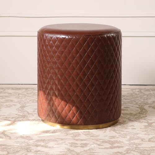 Faux Oil Waxed Leather Vanity Stool Chair for Makeup Room Round Dark Brown Leather Ottoman Foot Rest Stool for Living Room Silla para Vanity de Maquillaje Vanity Seat, Dark Brown