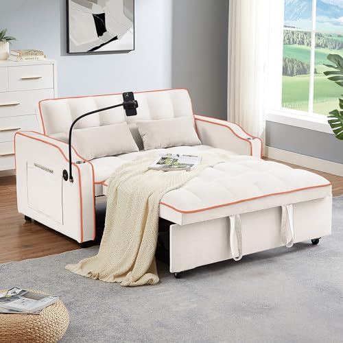 Convertible Pull-Out Sofa Bed,Comfy 2 Seater Loveseat Velvet Sleeper Sofa Couch with USB,3-in-1 Multi Functional Twin Sleeper Sofa with Phone stand, Cup Holder for Living Room Bedroom(Pink)