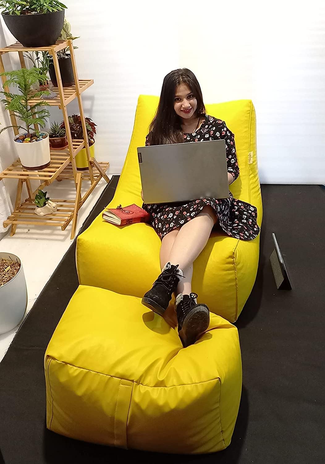 Yellow Bean Bags Sofa Chair footrest Leather Big Lounger Bean Bag XXXL Without Beans