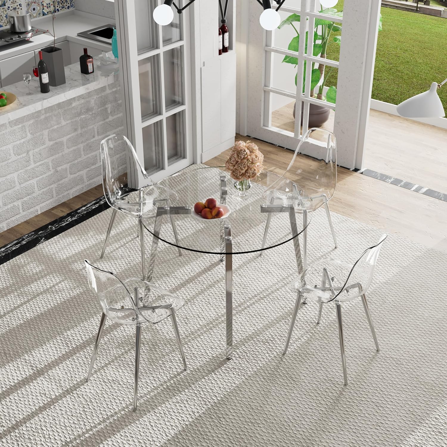 Baysitone Round Glass Dining Table Set for 4, 42'' Circle Dining Table Set, Dining Room Table Set for 4, Glass Kitchen Table Chairs Set with Clear Acrylic Chair, Kitchen Table Set with Accent Chairs
