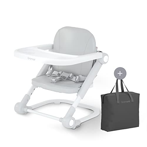 Toddler Booster Seat for Dining Table, Portable High Chair Travel Booster Seat with Aluminum Frame, Soft PU Cushion and Adjustable Height&Tray, Easy to Clean(Grey)