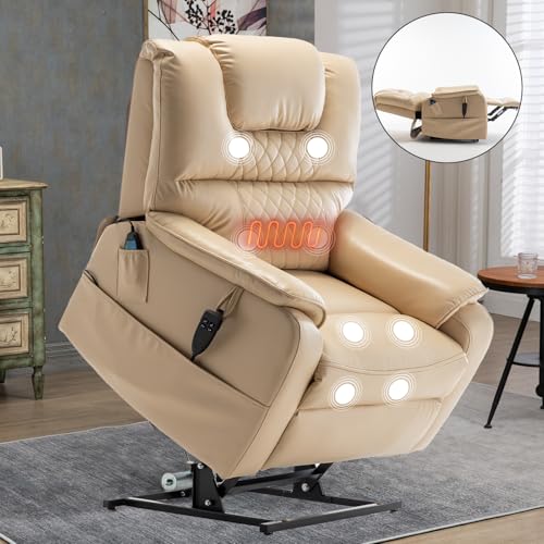 Power Lift Recliner Chair with Massage and Heated for Elderly Oversized Boy Lazy Electric Leather Recliner Chairs for Adults with Lay Flat 180° Side Pockets Remote Control,Beige