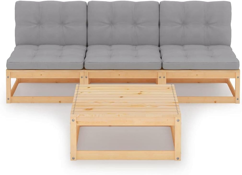 4 Piece Patio Furniture Set, All-Weather Brown Wooden Outdoor Couch Sectional Patio Set, Small Patio Conversation Set Garden Patio Sofa Set w/Coffee Table, Cushions, Solid Pinewood