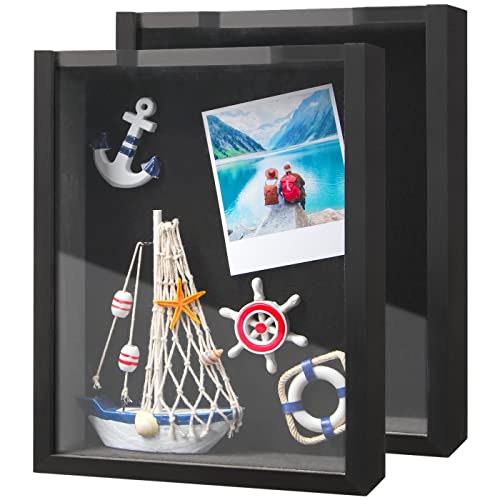 J JACKCUBE DESIGN Set of 2 Rustic Black Wood Shadow Box 10 x 8, Memory Display Storage Case for Keepsakes, Pictures, Cards, Tickets for Tabletop, Wall Mount Frame- MK740-1BB