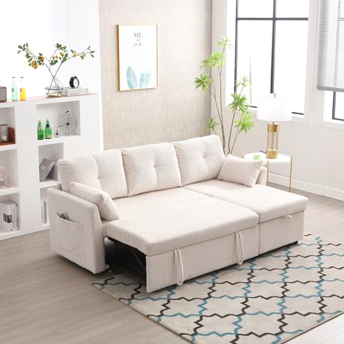 Corduroy Couch with Pull Out Sofa Bed, Sleeper Sofa with Storage Chaise Lounge, Sectional Couch with Comfy Pillows and Pockets, Convertible L Shape Couches for Living Room, Bedroom, Office, Beige