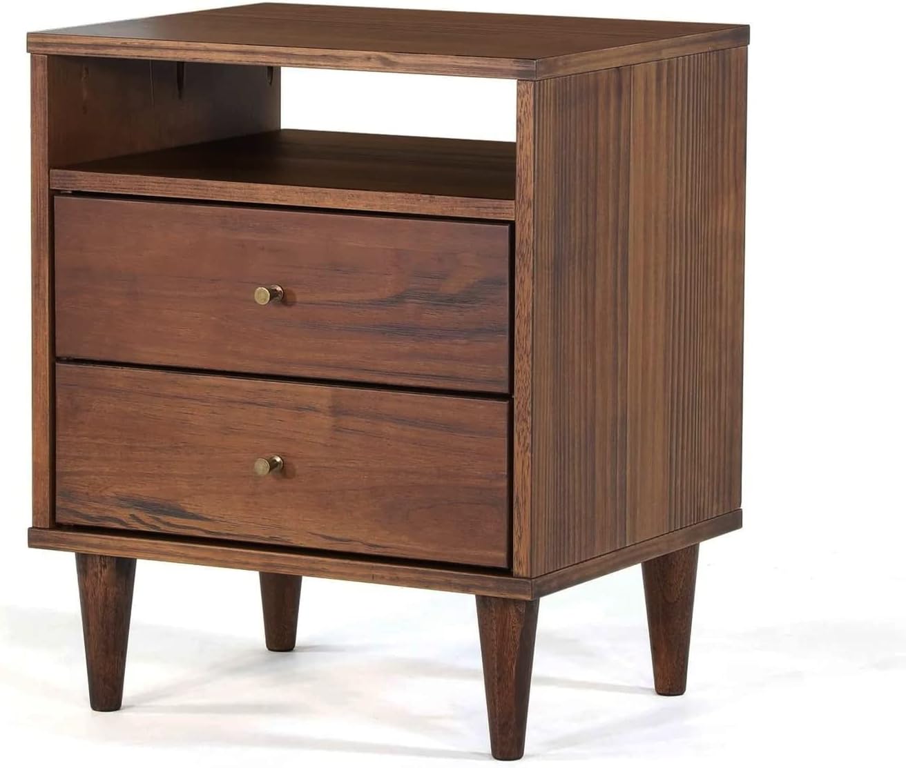 Mid Century Modern Nightstand Provides Retro Style and Modern Function. 2 Drawer Bed Organizer Features Spacious Storage Compartments for Your Bedroom. Solid Wood in Walnut Brown Creates Elegant Feel.