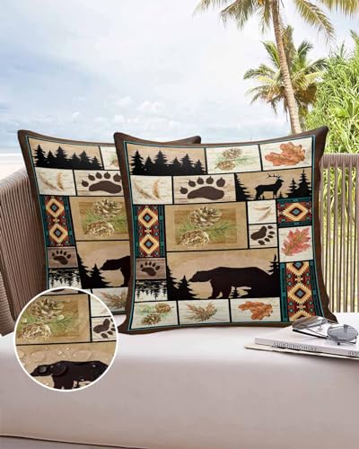 Outdoor Pillow Covers Waterproof, Boho Fall Throw Pillowcase Decorative Cover, Ethnic Vintage Bear Deer Wooden Garden Cushion Case Set of 2 for Sofa, Couch, Tent, Patio, 18