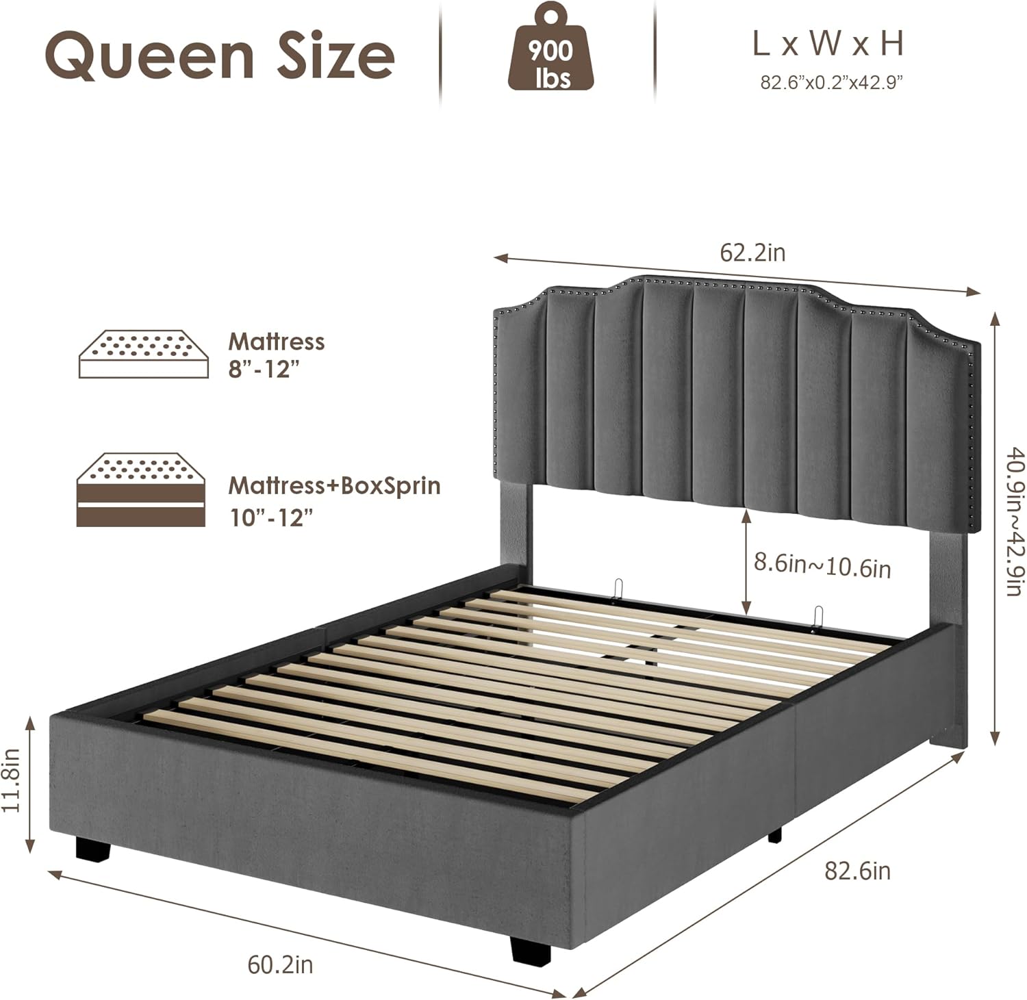 Liftable, beige velvet full-size bed, simple and elegant style, liftable velvet cushioned double bed,Gray