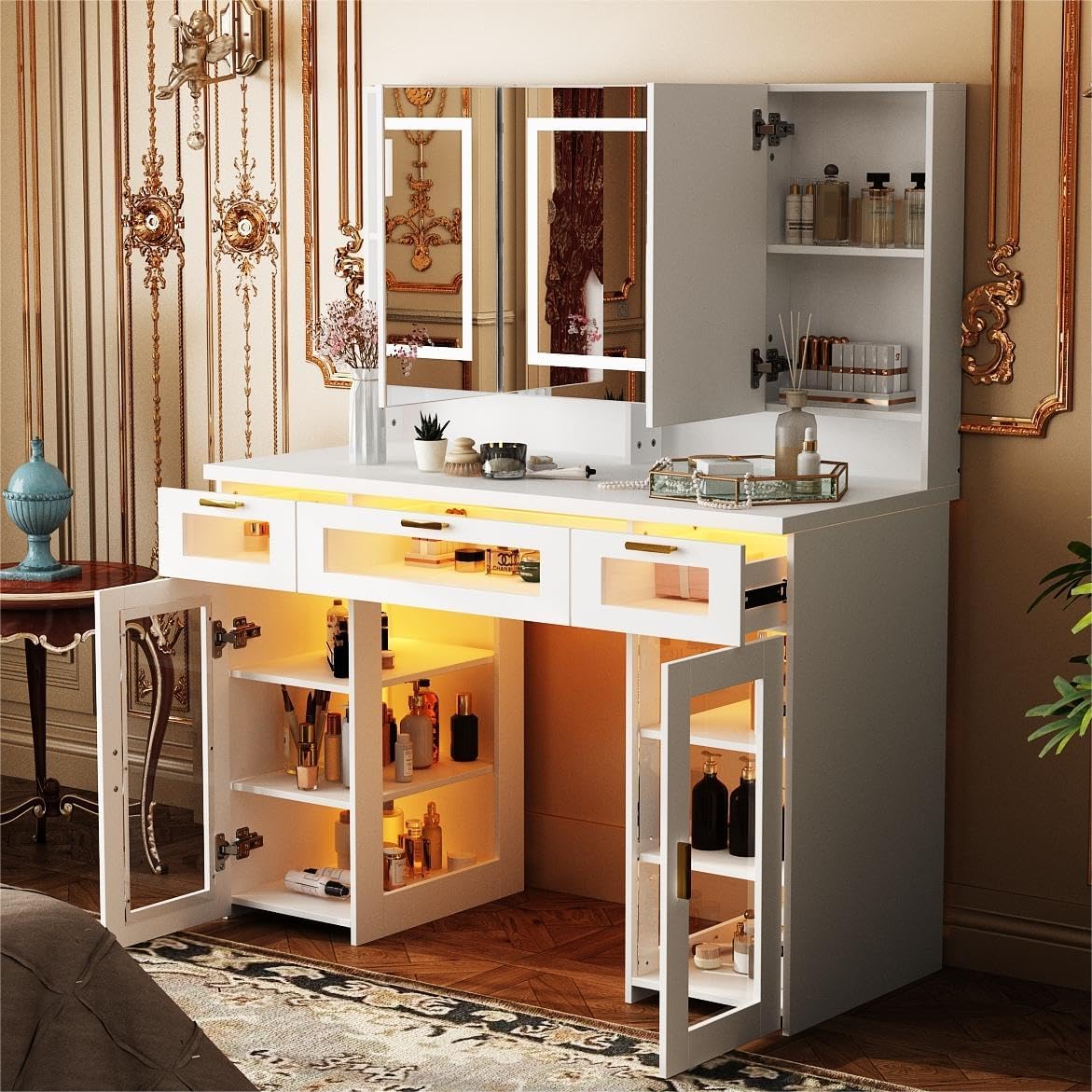 ECACAD Makeup Vanity Desk with Mirror & Light, Makeup Dressing Table with RGB Storage Cabinet,Hidden Shelves, 2 Acrylic Doors & 3 Drawers, White