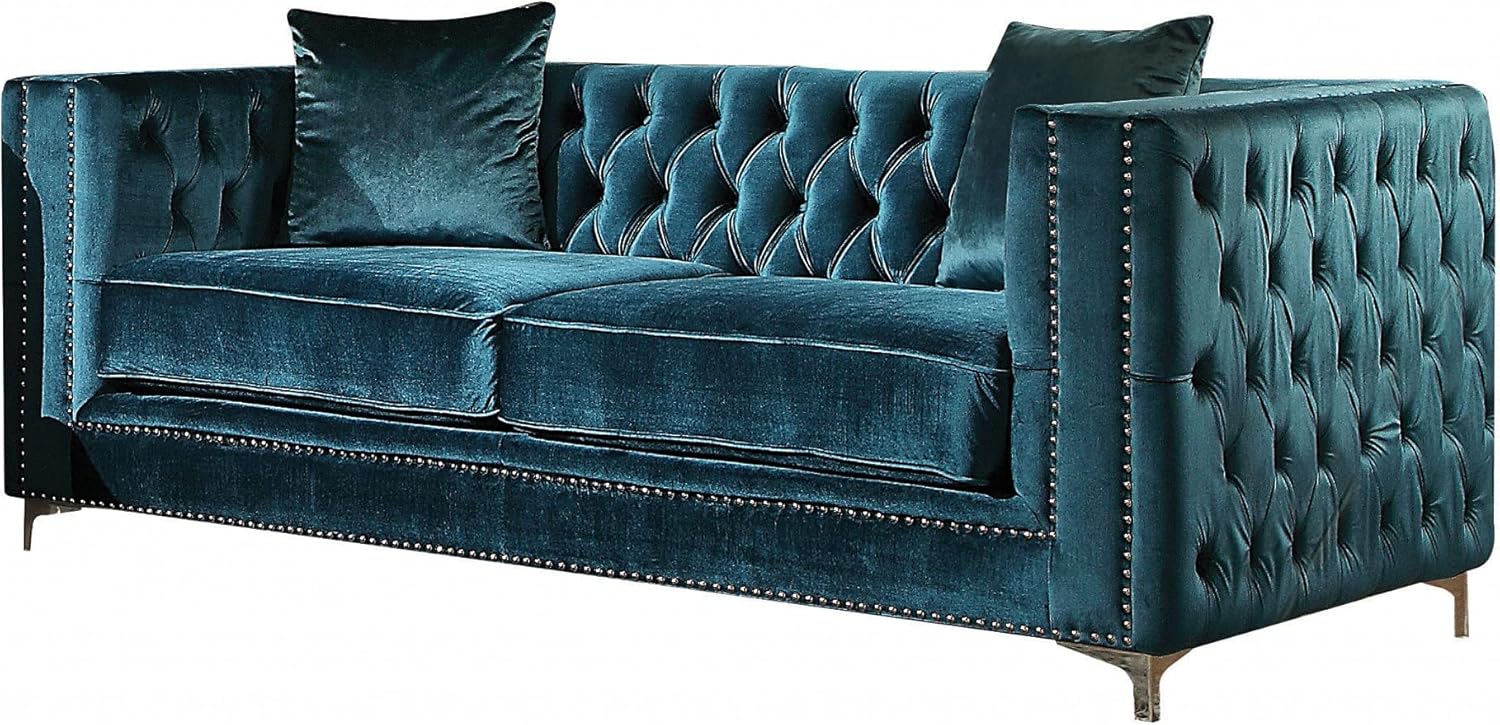 HomeRoots Dark Teal Velvet Upholstery, Metal Leg Dark Teal Velvet Loveseat with 2 Pillows