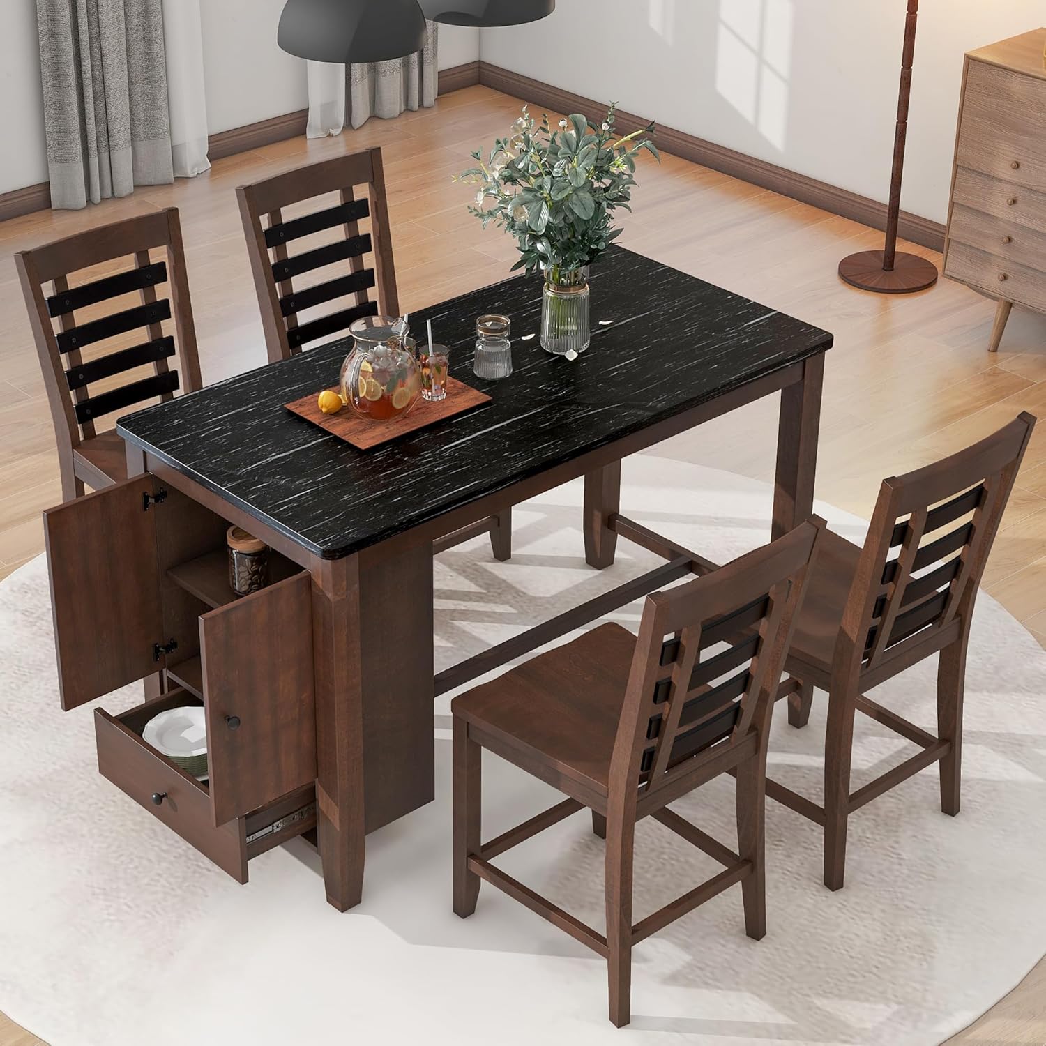 5-Piece Counter Height Wood Dining Table Set with Faux Marble Tabletop, Storage Cabinet and Drawer & 4 Matching Chairs, Dark Walnut