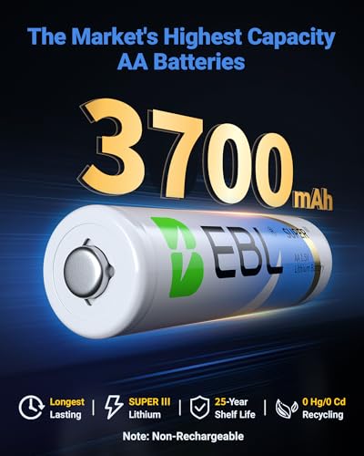 EBL AA Lithium Batteries 3700mAh, 1.5V Longest Lasting Double A Battery Upgraded Super Ⅲ Lithium AA Batteries for Blink Camera, Doorbell, High-Performance Power, 12 Pack Non-Rechargeable