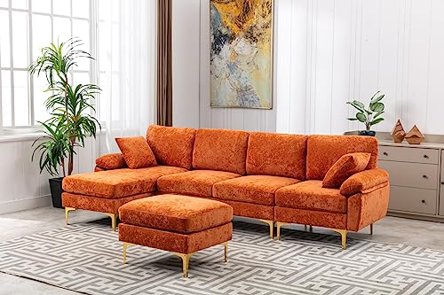 Convertible L-Shaped Sectional Sofa with Movable Ottoman, Upholstered Accent Sofa with 2 Pillows and Golden Metal Legs, Modular Sectional Couch Sets for Living Room Office Apartment, Purple