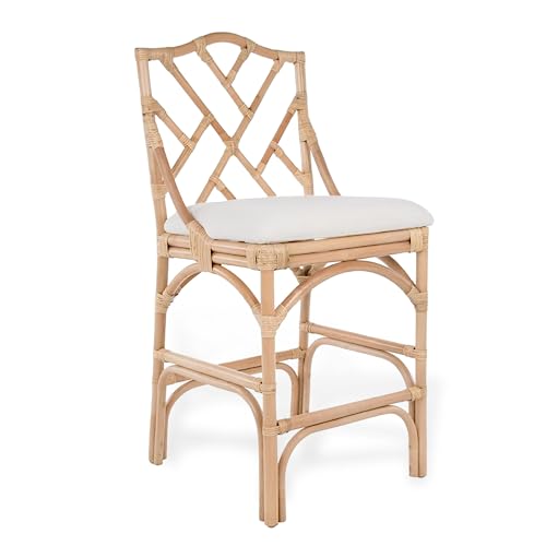 KOUBOO Chippendale Rattan Bar Stool, Indoor, Handmade, Rattan, Bar Seating, Tall, Wood Bar Stool, Back Support Stool, Off White Upholstery, Natural