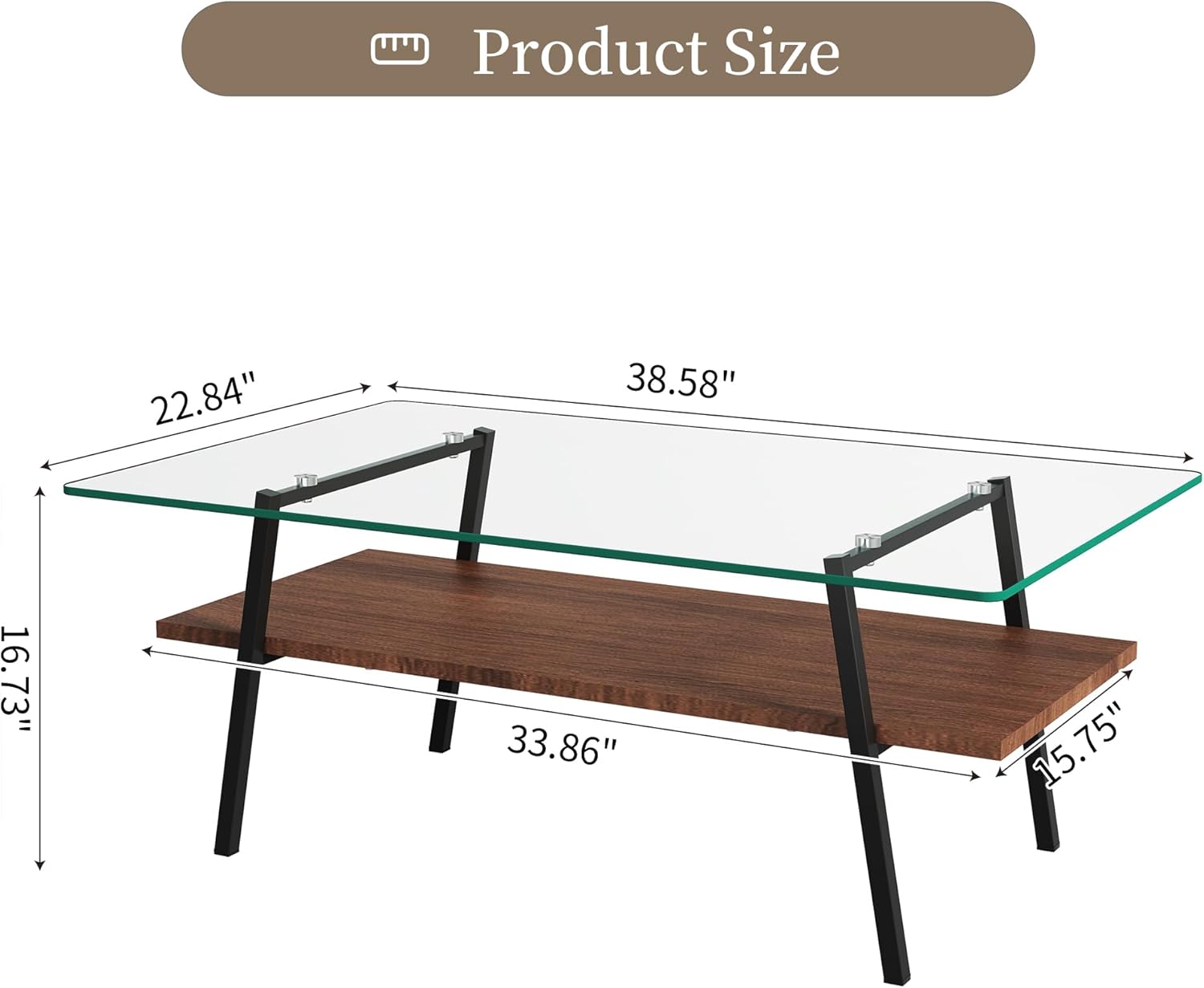Glass Coffee Table, Simple & Modern Coffee Table for Living Room, Bedroom, Office, Square Coffee Tables with Open Storage Space, Tempered Glass Tabletop and Metal Legs